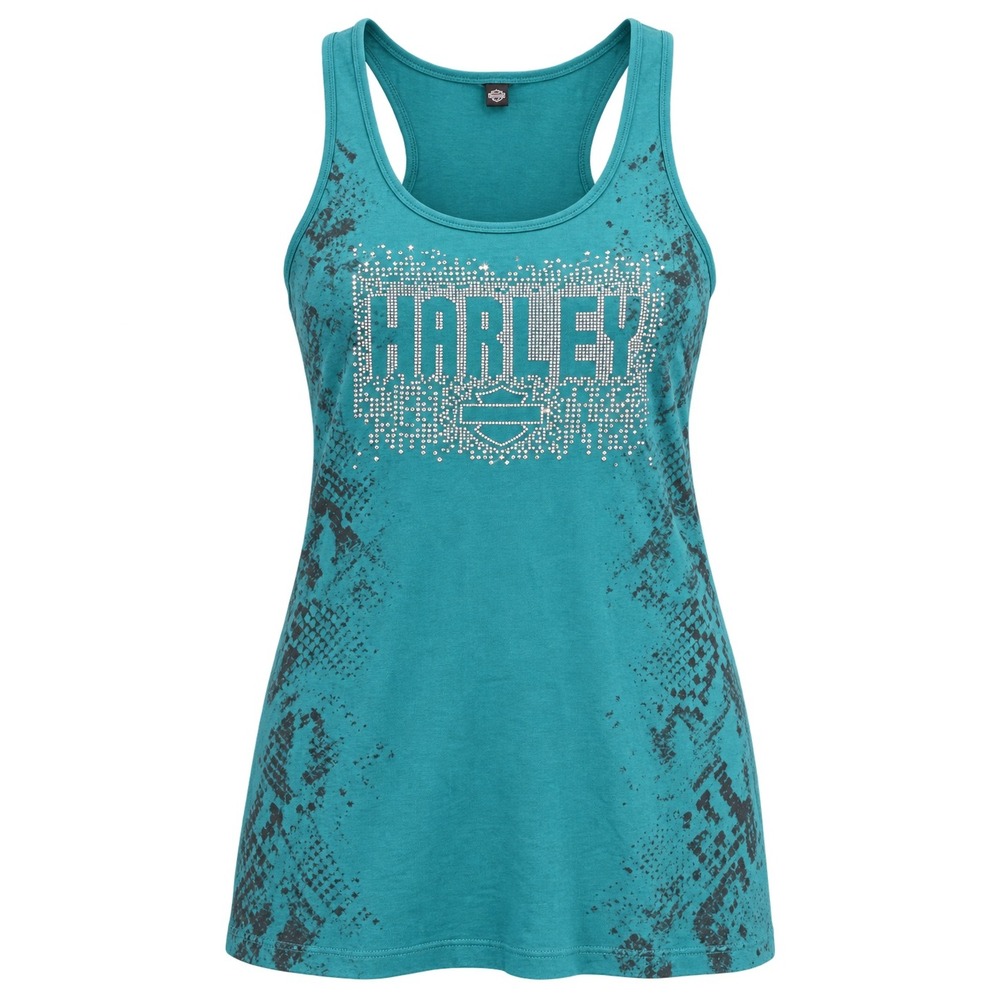 Harley-Davidson Teal Rhinestone Logo Distressed Racerback Tank Top